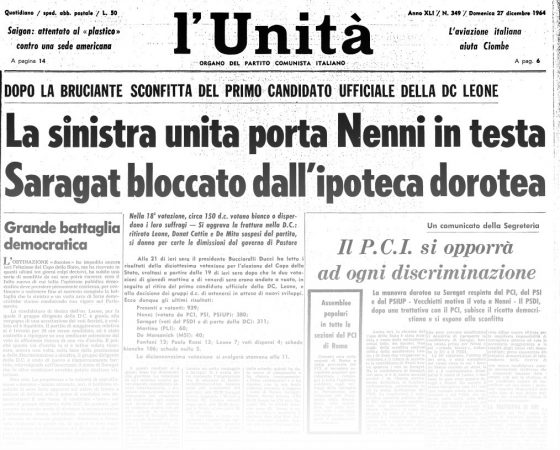 L’UNITA’ E I PRESIDENTI: 1964 – GIUSEPPE SARAGAT – XV^, XVI^, XVII^ E XVIII^ VOTAZIONE