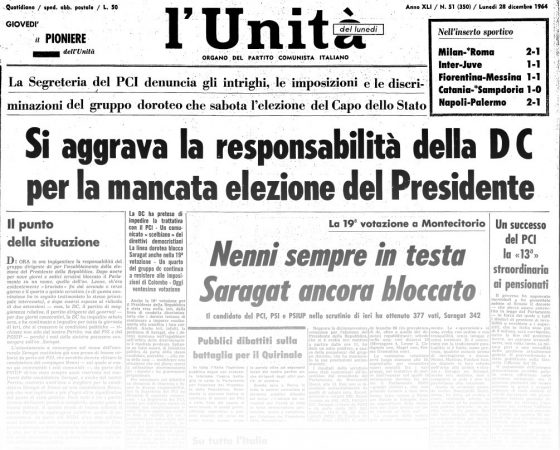 L’UNITA’ E I PRESIDENTI: 1964 – GIUSEPPE SARAGAT – XIX^ VOTAZIONE